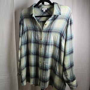 J.Jill Petite M Green Blue Plaid Long Sleeve Button Up Shirt Top Womens Casual‎